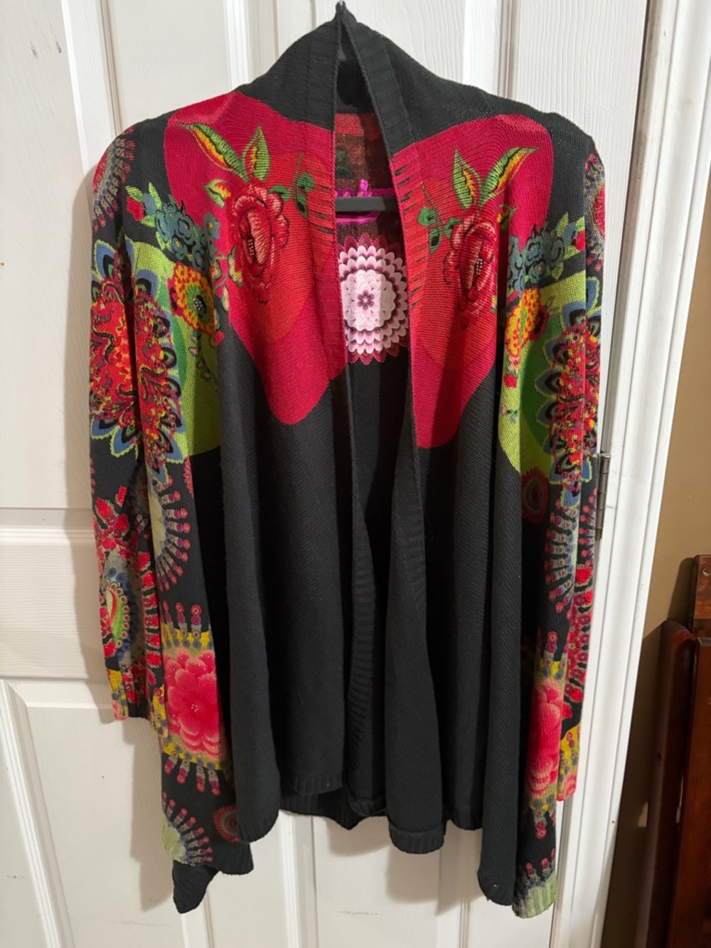 Desigual Black Cardigan with Red and Green Floral Panels